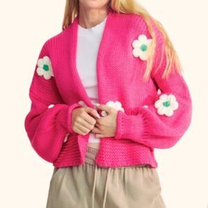 Pink Floral Knit Open Cardigan Plus Size 3XL Cozy Versatile Spring Transition